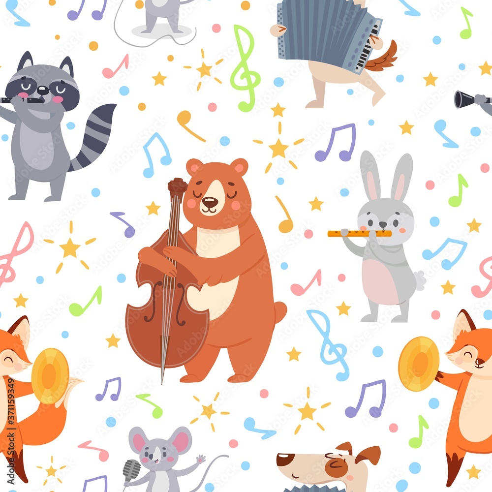 Naklejka premium Animal musicians seamless pattern. Funny animals musicians play different musical instruments wallpaper, wrapping or textile vector texture. Musician animal with instrument orchestra