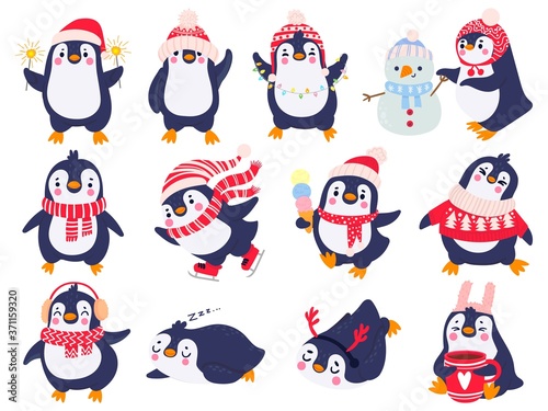 Penguin. Hand drawn cute penguins in winter clothing and hat, merry christmas greetings animals in outerwear, kids cartoon vector set. Penguin animal winter, illustration sketch holiday character