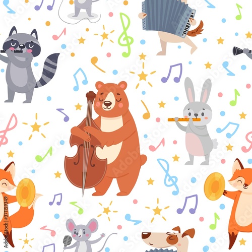Animal musicians seamless pattern. Funny animals musicians play different musical instruments wallpaper, wrapping or textile vector texture. Musician animal with instrument orchestra