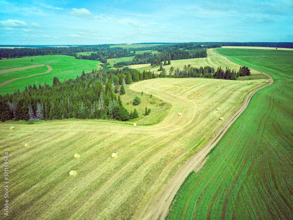 Aerial view wheat field with straw bales, road and forest Aerial view wheat field with straw bales, road and forest