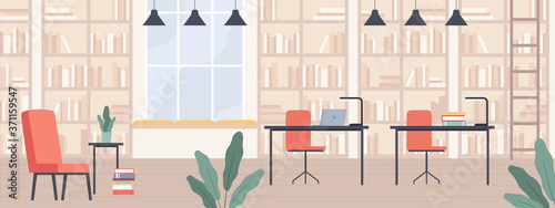 Library. Modern public library interior with bookshelves, chairs, desks and computers, reading room or bookshop hall vector illustration. Book room public, knowledge education interior