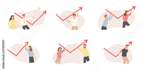 Crisis management. Financial arrow pushing upwards, market panic economic risks, business people change business direction vector set. Arrow growth solution, recovery business illustration