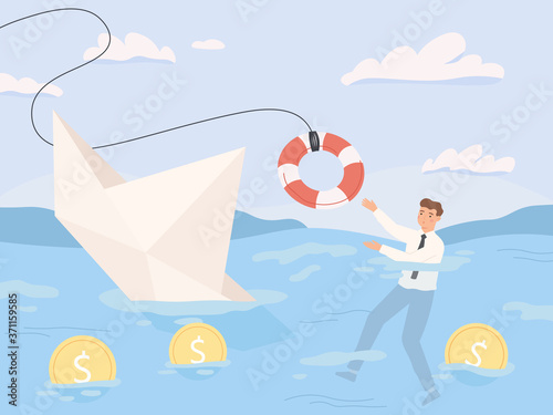 Bankruptcy business. Financial rescue, sinking business in crisis and economic risks. Economy recession loan payback problems vector illustration. Crisis and bankruptcy, financial help and rescue