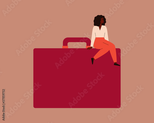 Confident black businesswoman sits on a large red briefcase. Strong african female entrepreneur with a handbag. Vector. Concept of participation of black women in leadership roles in business.