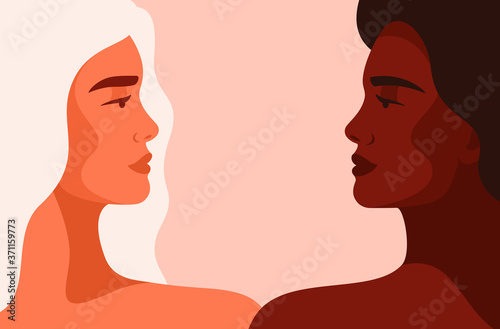 Adorable young women are looking face to face. Friendship poster, the union of feminists or sisterhood. The concept of gender equality. Vector