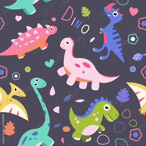Vector kids cartoon dinosaurs seamless pattern. Illustration for textile and texture design © eosboy