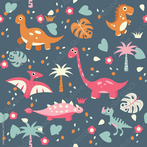 Vector kids cartoon dinosaurs seamless pattern. Illustration for textile and texture design © eosboy