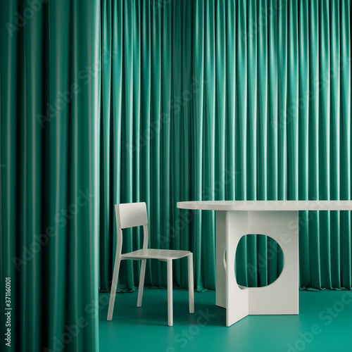 Room Interior design with green curtain and green floor. room mockup stylish, modern room interior 3d render illustration