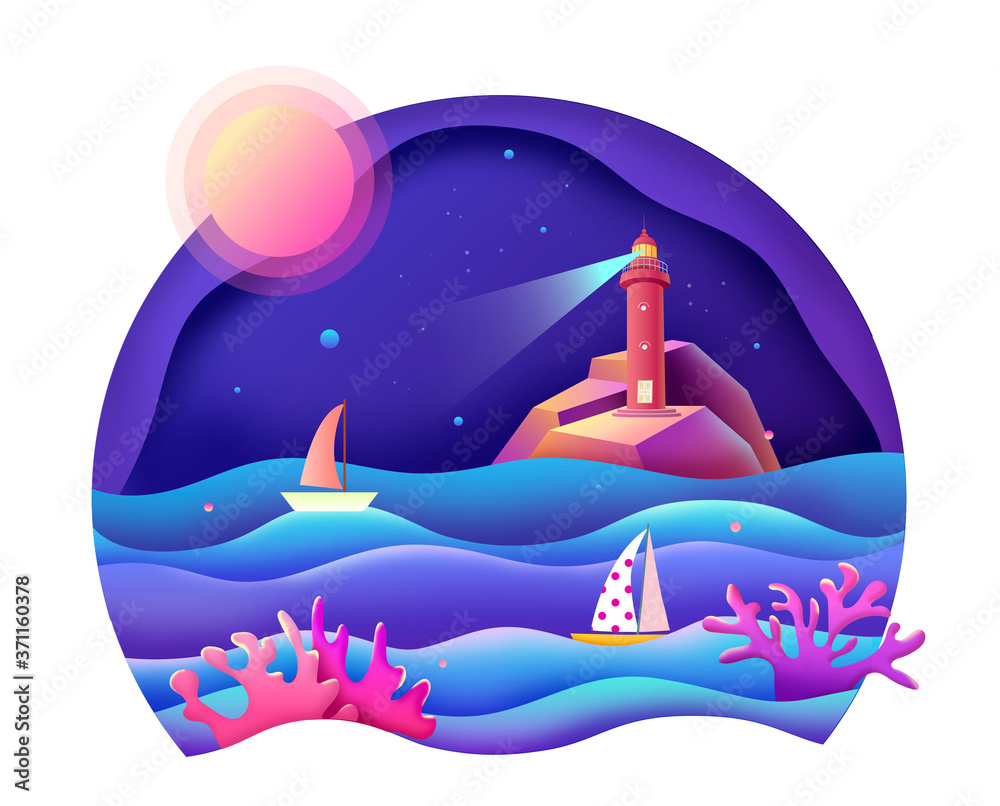 Naklejka premium Night sky behind a lighthouse. Business sailing, paper art, abstract illustration, business service, concept art, solution