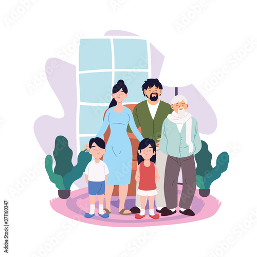 Mother father daughter and son with grandfather cartoons in home room vector design