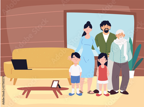 Mother father daughter and son with grandfather cartoons in home room vector design