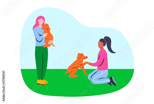 Volunteers take care of stray dogs. Flat vector illustration.