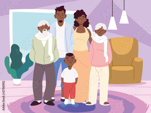 Mother father and son with grandparents cartoons in home room vector design