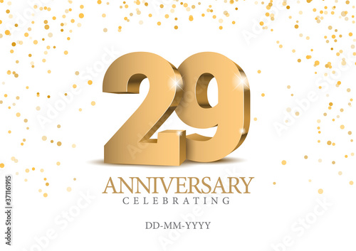 Anniversary 29. gold 3d numbers. Poster template for Celebrating 29th anniversary event party. Vector illustration