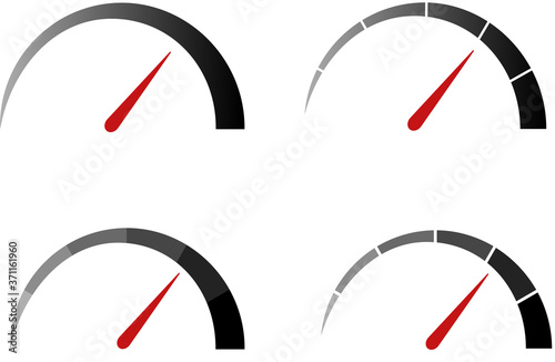 Speedometer, tachometer icon. Colour speedometer set. Scale from red to green performance measurement. Fast speed sign. 