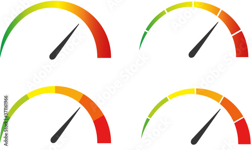 Speedometer, tachometer icon. Colour speedometer set. Scale from red to green performance measurement. Fast speed sign. 