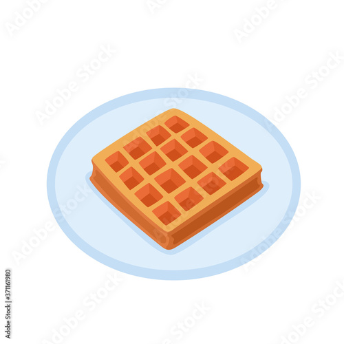 Cartoon baked waffle on plate isolated on white background