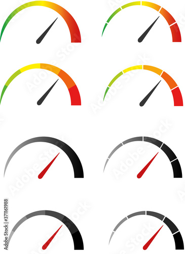 Speedometer, tachometer icon. Colour speedometer set. Scale from red to green performance measurement. Fast speed sign. 