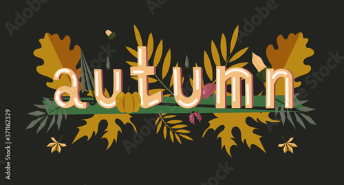 Wallpaper Mural Vector inscription on a black background. Leaves of maple, chestnut, oak, mushrooms, acorns, umbrella, beetle and drops. Decorative elements. For printing, banners, wrappers, covers, prints and textil Torontodigital.ca