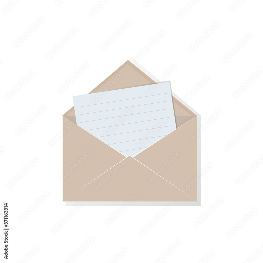 An open brown envelope made of paper with a blank white sheet layout in line for writing a letter or important information. Symbol of a postal message An open brown envelope made of paper with a blank white sheet layout in line for writing a letter or important information. Symbol of a postal message