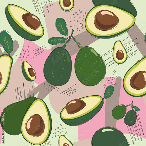 Vector seamless pattern with fresh green avocado. Hand drawn illustration. Trendy design for summer fashion textile prints and backgrounds. Vegetarian food