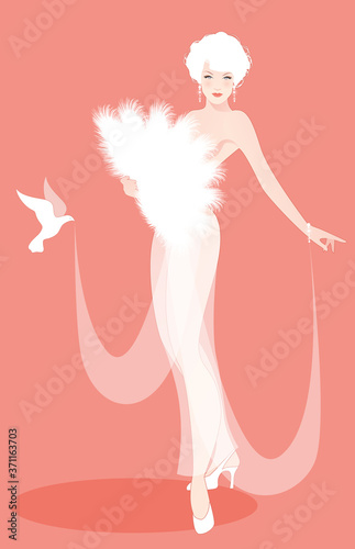 Beautiful and sexy lady dressed in the retro Burlesque style, wearing a fan of feathers and transparencies, accompanied by a dove