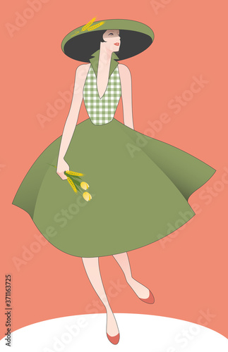 Elegant girl dressed in the style of the 50s, wearing a hat and a bouquet of wheat ears and tulips