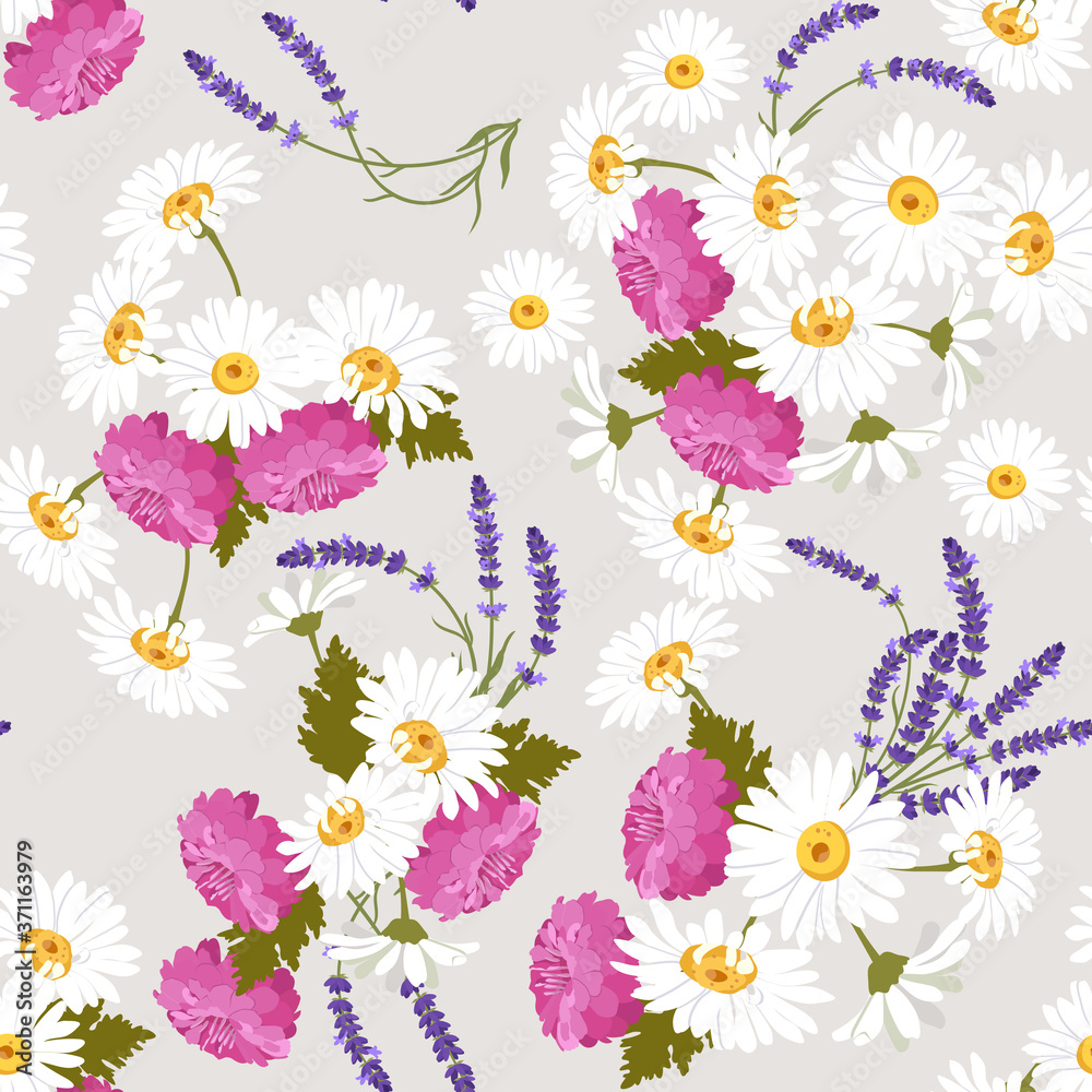 Seamless vector illustration with lavender, chamomile and chrysanthemum Seamless vector illustration with lavender, chamomile and chrysanthemum