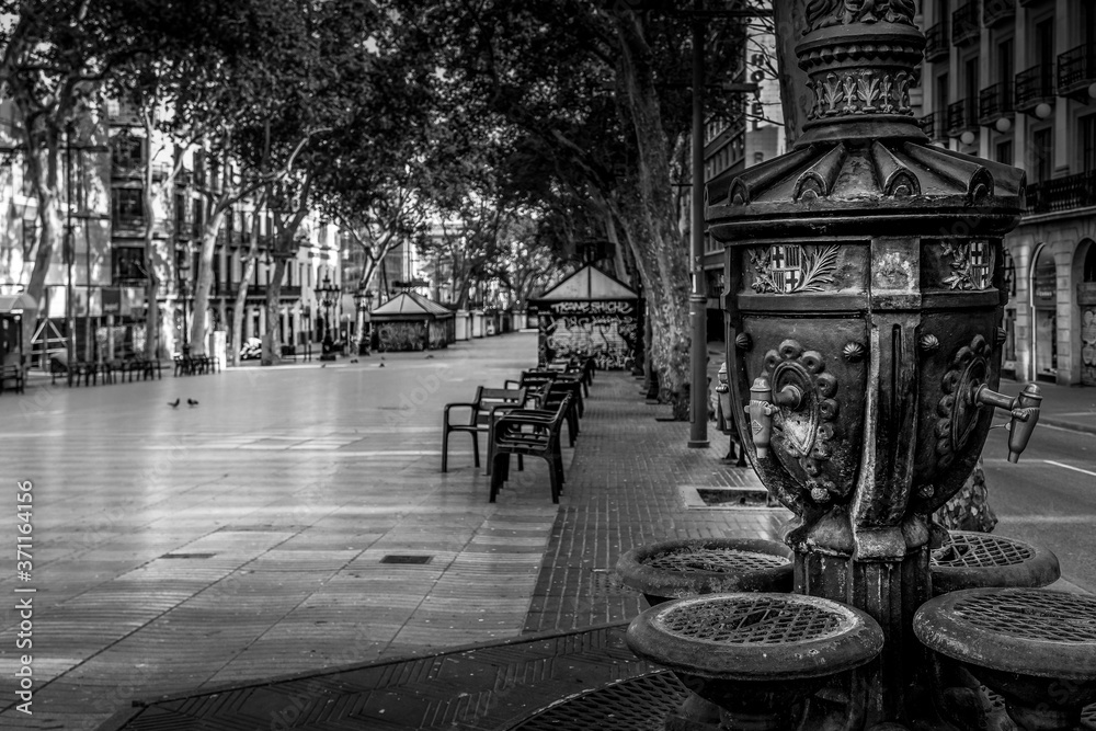 Streets of Barcelona. Les Rambles street. in black and white. fine art