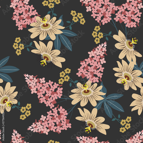 Seamless vector illustration with tropical flowers Passiflora and lilac
