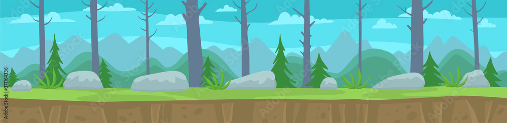 Landscape with a forest trees and mountains. Seamless pattern. Unending vector flat layers. Parallax ready. Game background. Landscape with a forest trees and mountains. Seamless pattern. Unending vector flat layers. Parallax ready. Game background.