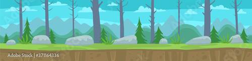 Landscape with a forest trees and mountains. Seamless pattern. Unending vector flat layers. Parallax ready. Game background.
