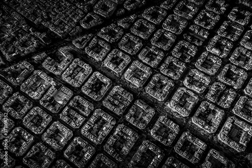 Photography Aerial view of typical buildings of Barcelona cityscape from helicopter