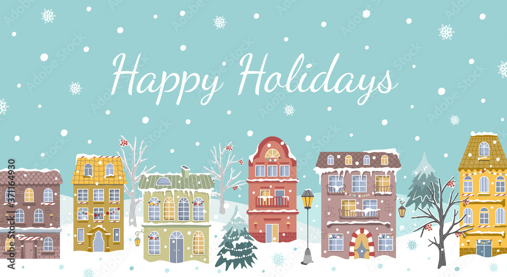 Christmas card with vintage houses and snowfall. New Year design for real estate business. Winter city landscape. Flat illustration