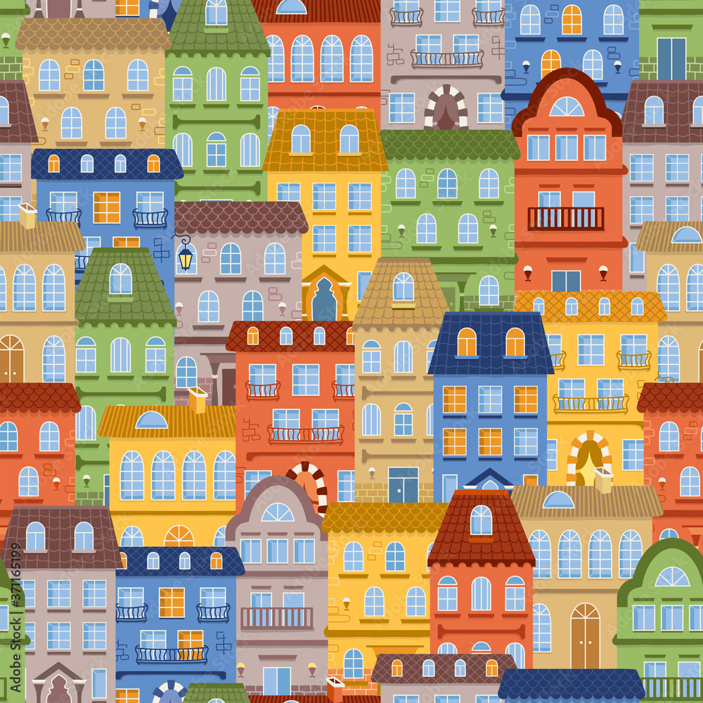 Cityscape seamless pattern with colorful houses in old European town. Flat illustration