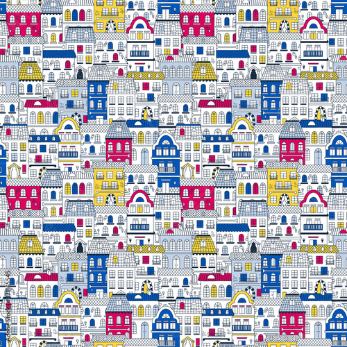 Cityscape seamless pattern with colorful houses in European town 