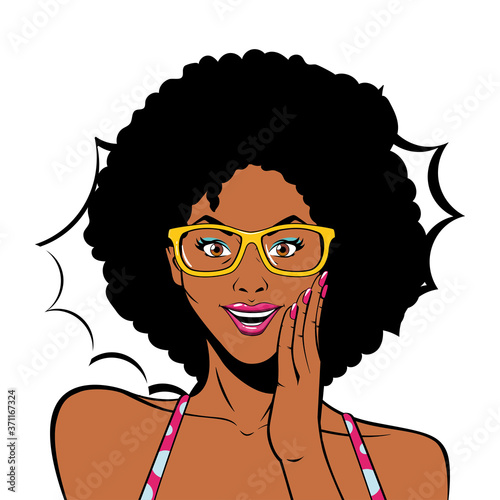 retro black afro woman cartoon with glasses and explosion vector design