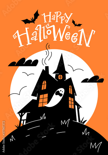 Happy halloween greeting card with haunted house and hand-lettered text. Holidays party poster.