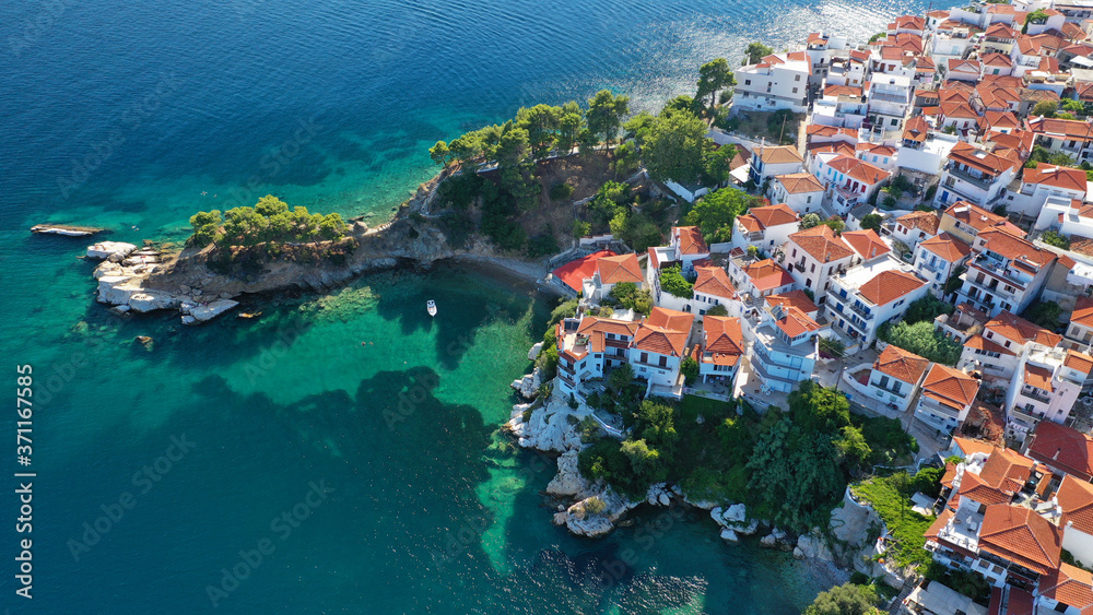 Aerial drone photo of picturesque small beach of Plakes in main village of Skiathos island, Sporades, Greece