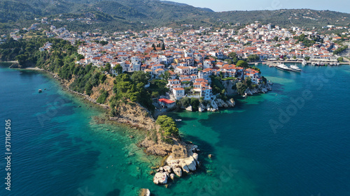 Aerial drone photo of picturesque small beach of Plakes in main village of Skiathos island, Sporades, Greece