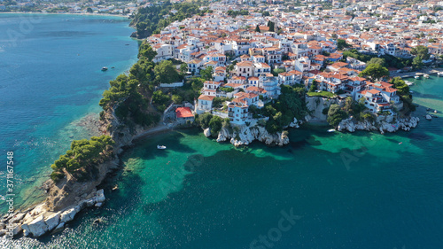 Fototapeta Naklejka Na Ścianę i Meble -  Aerial drone photo of picturesque small beach of Plakes in main village of Skiathos island, Sporades, Greece