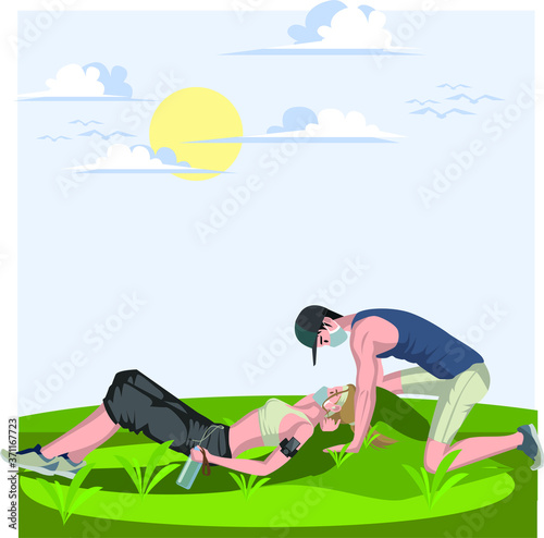 Man and woman are resting together at yard after jogging while using medical mask