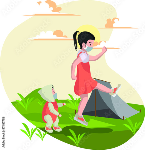 A girl playing with her little brother at yard while using medical mask