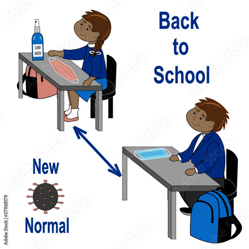 Back to School greeting card. Cute pupils are sitting at the desks. Medical face masks and sanitizer are nearby according to new normal.