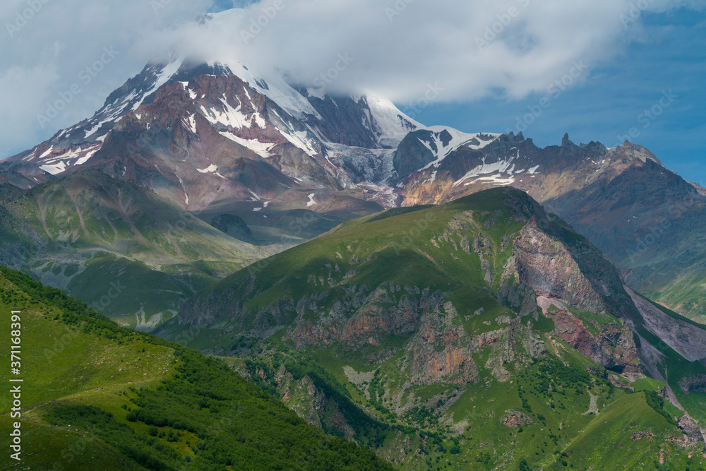Fototapeta premium Kazbegi Peak and Glacier, Kazbegi Reserve, Georgian Military Highway, Mtskheta-Mtianeti Region, Georgia, Middle East