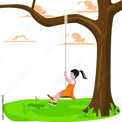 A young girl playing a swing alone at the park while using medical mask