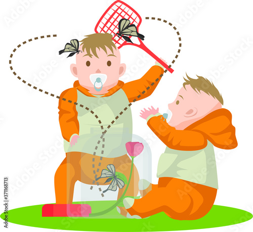 Twin brothers are playing with butterfly at the yard