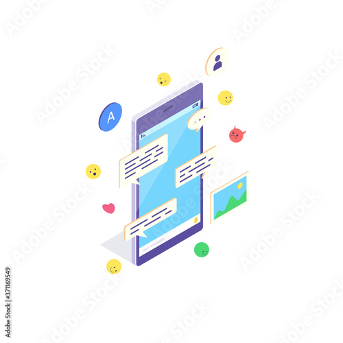 Isometric mobile social media chat app. Phone application with message, emoji and bubble for network communication
