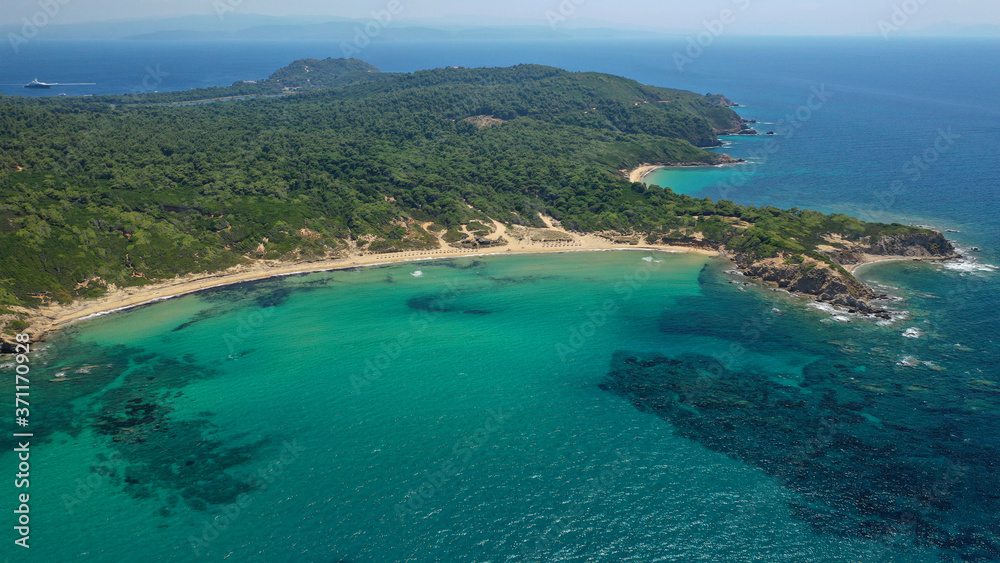 Aerial drone photo of paradise twin beaches of Mandraki and Elia in island of Skiathos island, Sporades, Greece