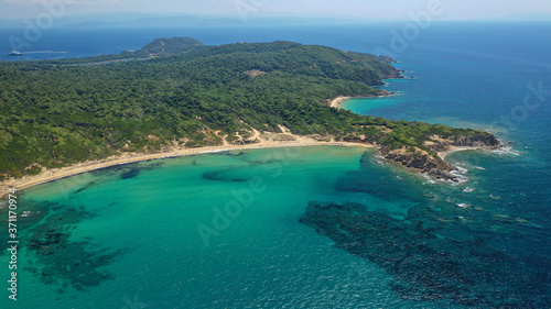 Aerial drone photo of paradise twin beaches of Mandraki and Elia in island of Skiathos island, Sporades, Greece © aerial-drone